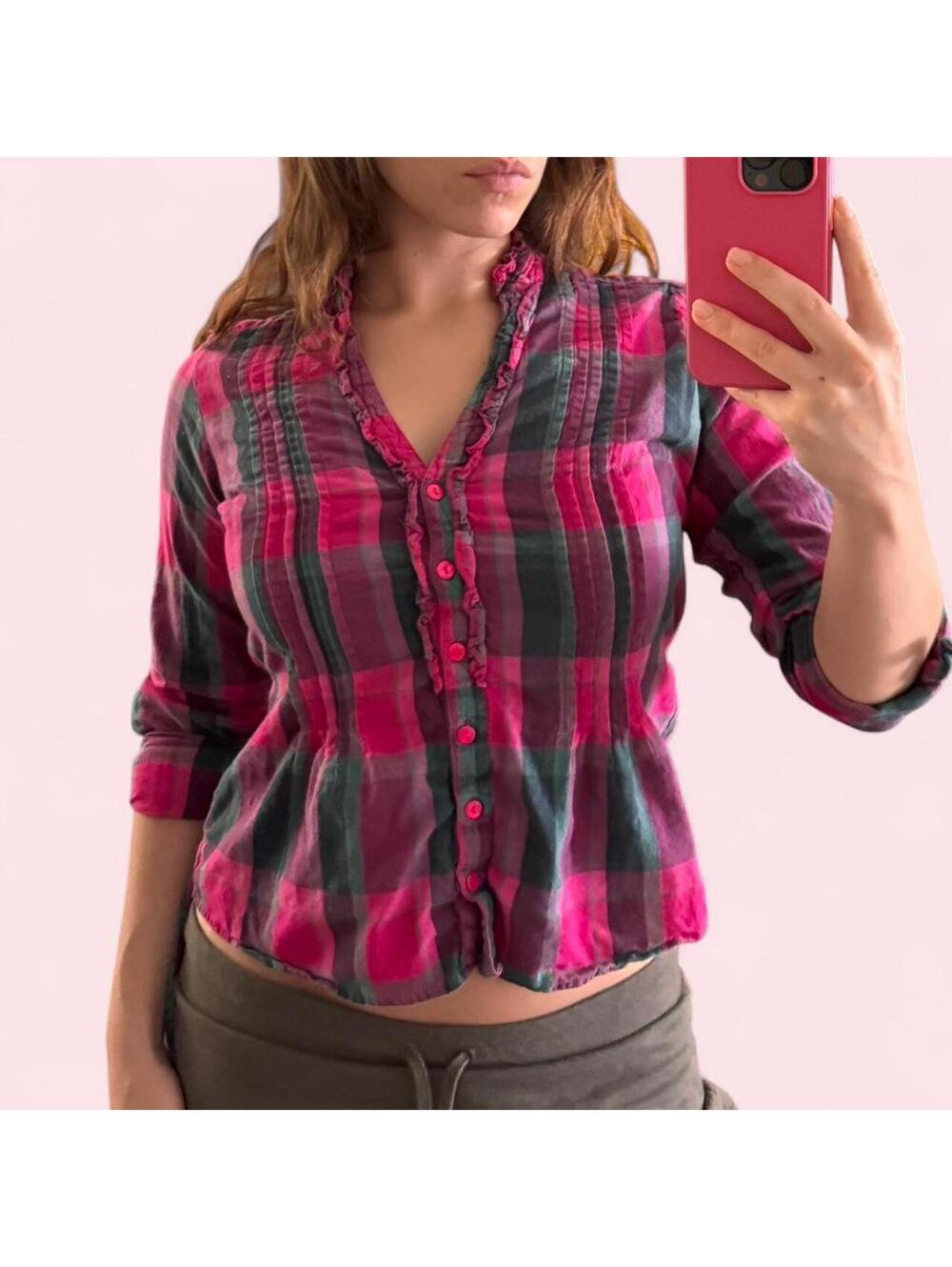 2000s Andrew & Co plaid flannel with tie to cinch waist